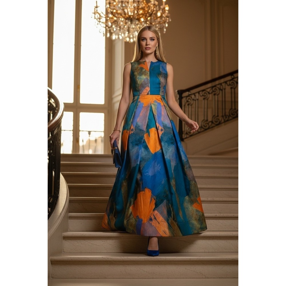 Milly Dress Women NY Abstract Brushstroke Blue Orange V-Neck Pleated Maxi Gown 8